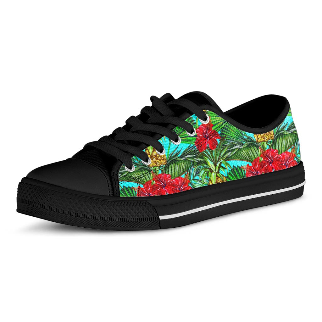 Pineapple Hibiscus Hawaii Pattern Print Black Low Top Sneakers