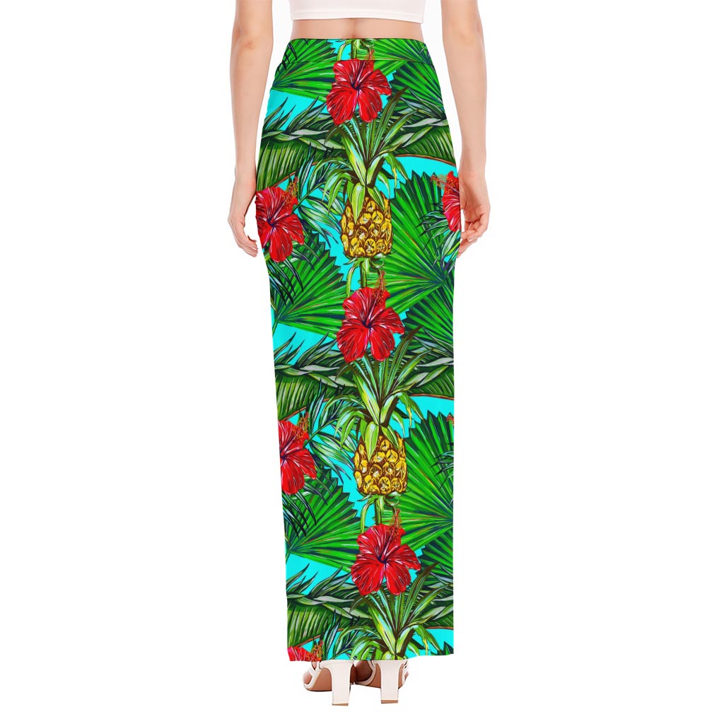Pineapple Hibiscus Hawaii Pattern Print High Slit Maxi Skirt