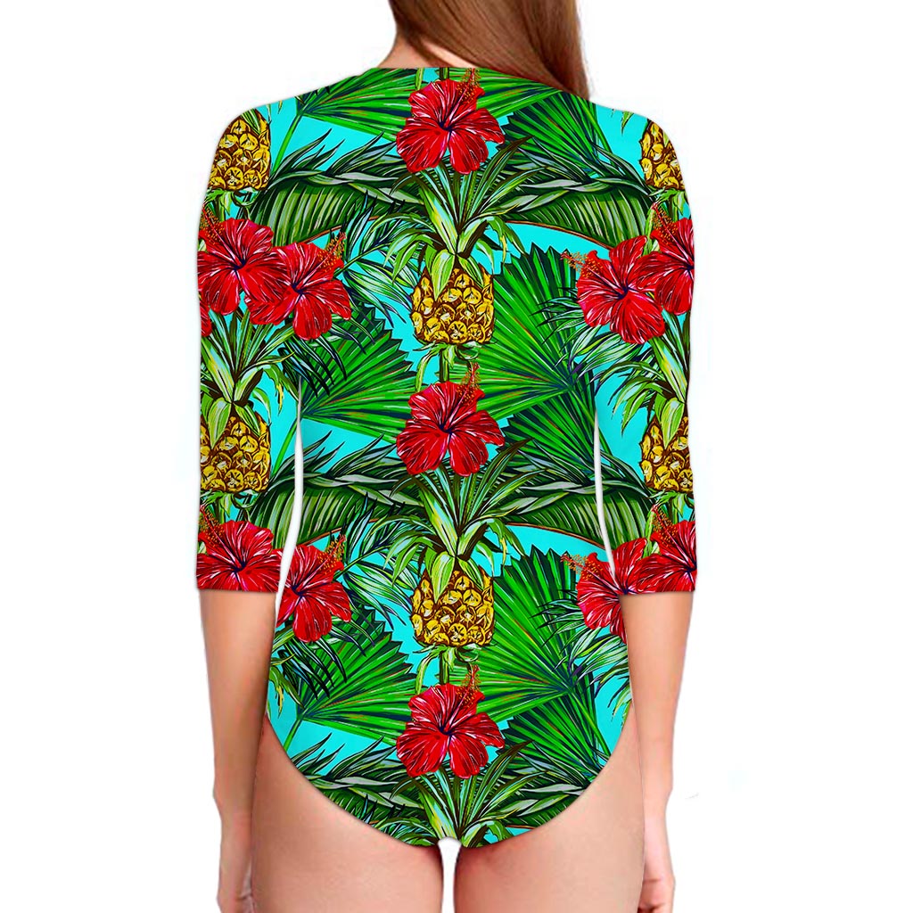 Pineapple Hibiscus Hawaii Pattern Print Long Sleeve Swimsuit