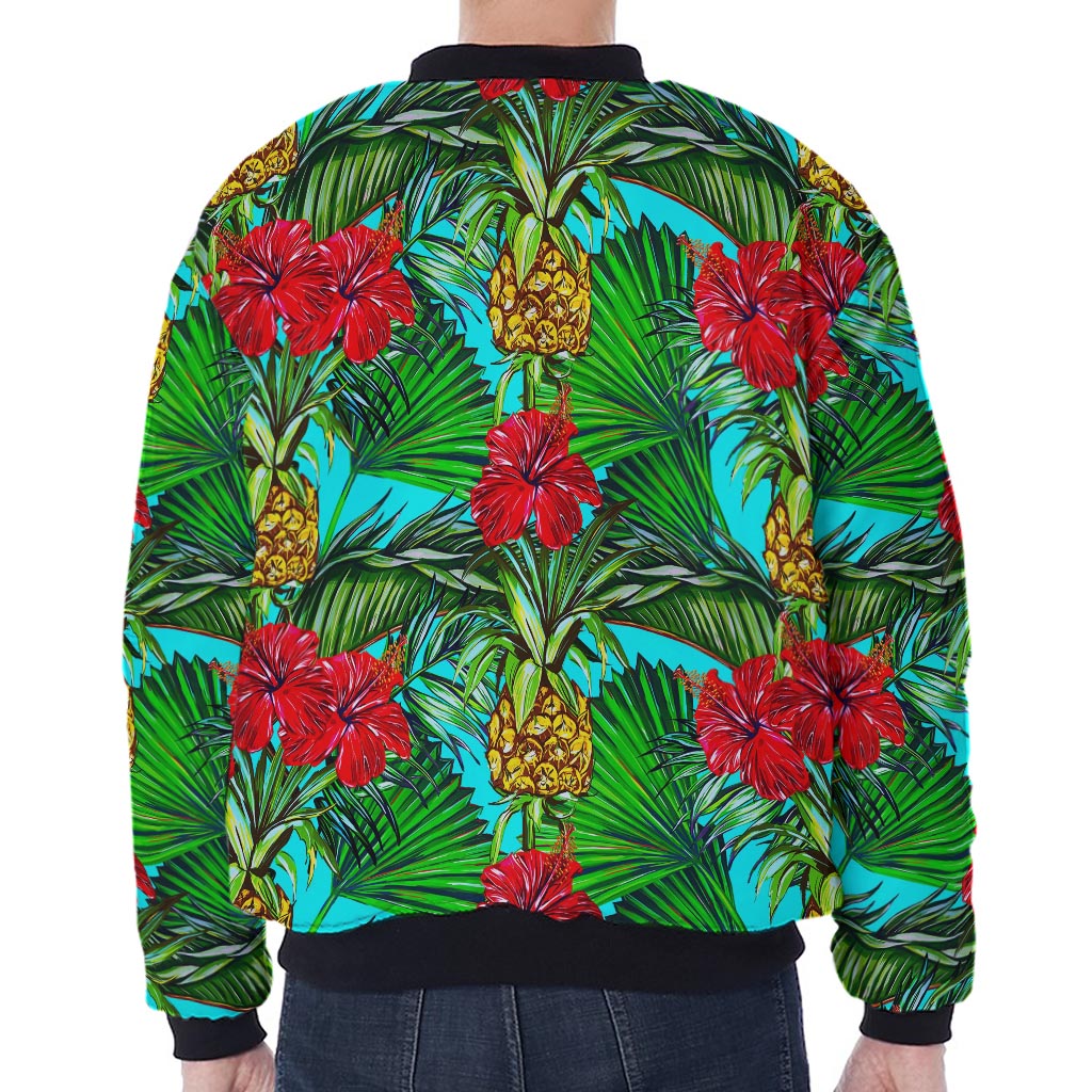 Pineapple Hibiscus Hawaii Pattern Print Zip Sleeve Bomber Jacket