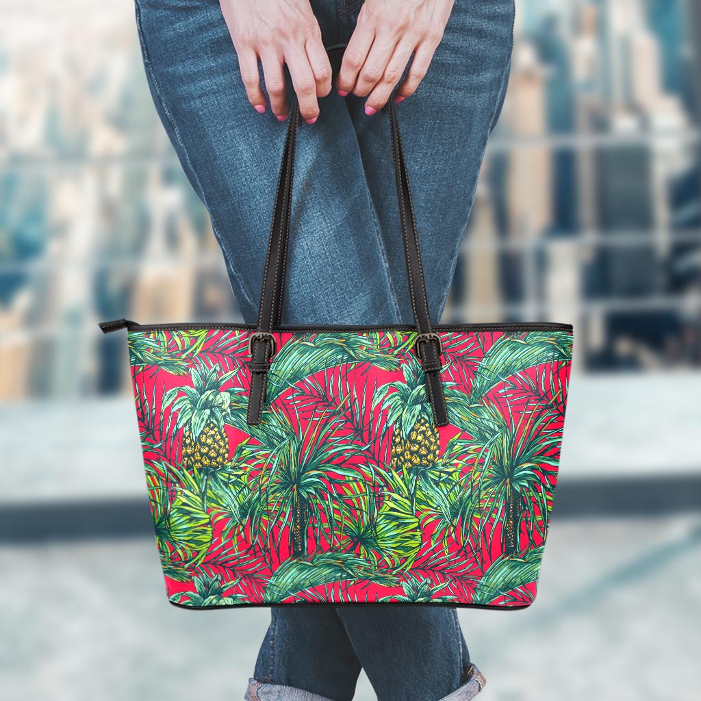 Pineapple Leaves Hawaii Pattern Print Leather Tote Bag