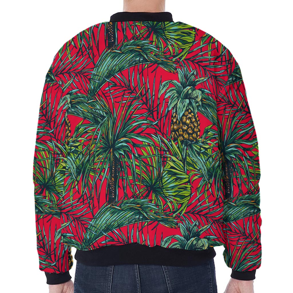 Pineapple Leaves Hawaii Pattern Print Zip Sleeve Bomber Jacket