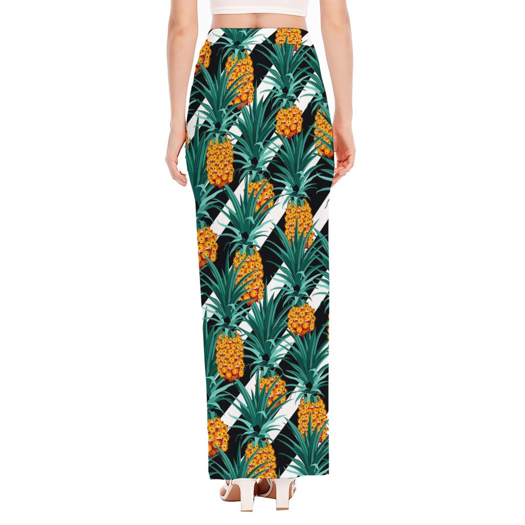 Pineapple Striped Pattern Print High Slit Maxi Skirt
