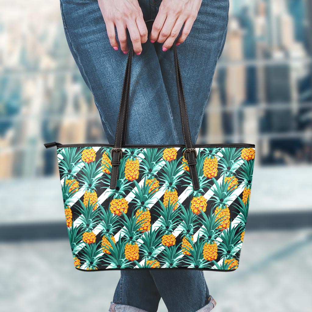 Pineapple Striped Pattern Print Leather Tote Bag