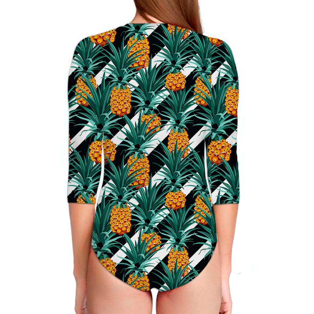 Pineapple Striped Pattern Print Long Sleeve Swimsuit