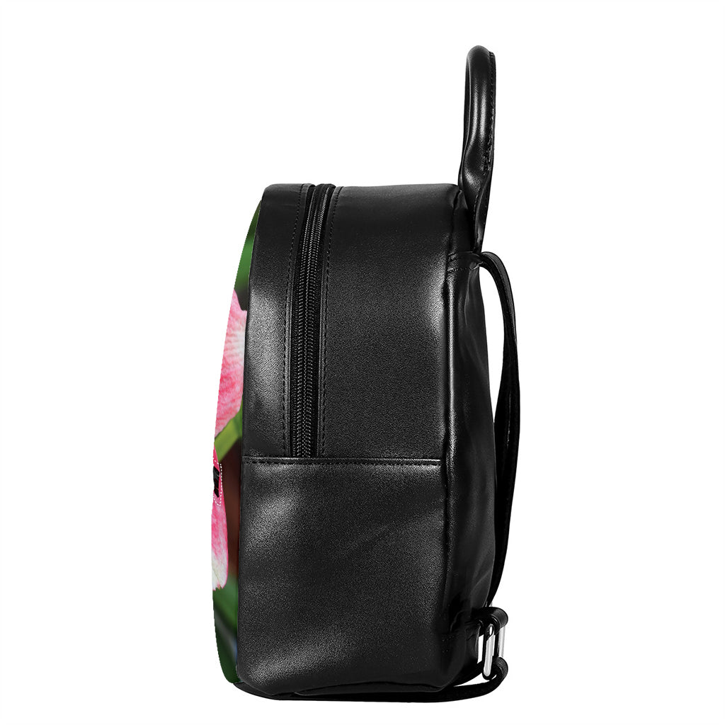 Pink Amaryllis Print Leather Backpack
