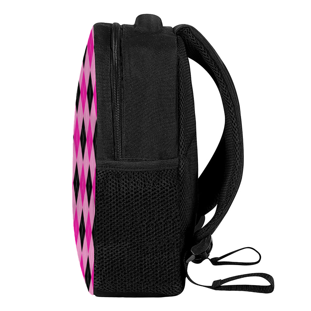 Pink And Black Argyle Pattern Print Casual Backpack
