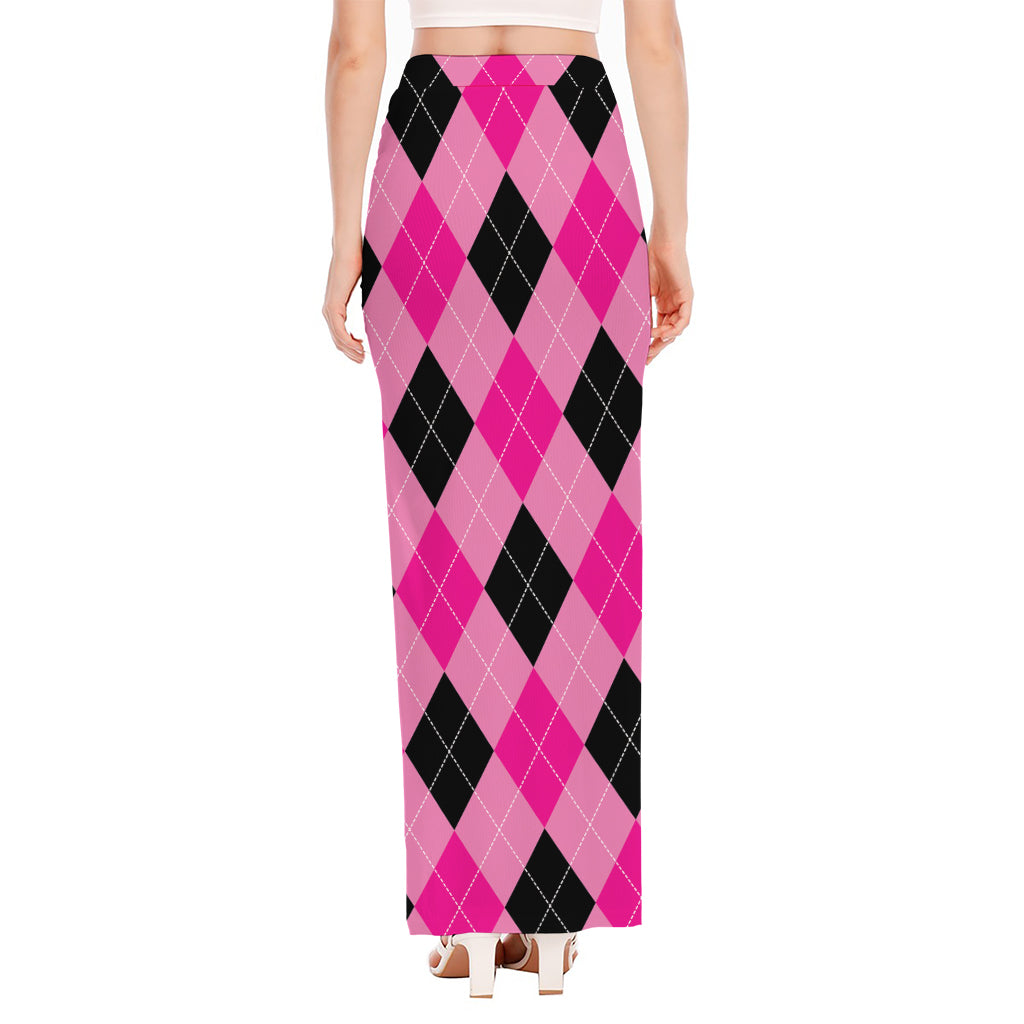 Pink And Black Argyle Pattern Print High Slit Maxi Skirt