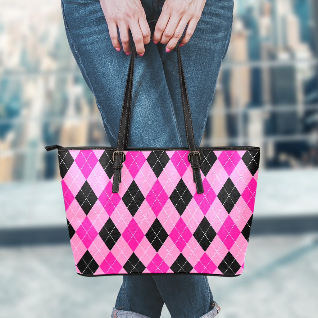 Pink And Black Argyle Pattern Print Leather Tote Bag