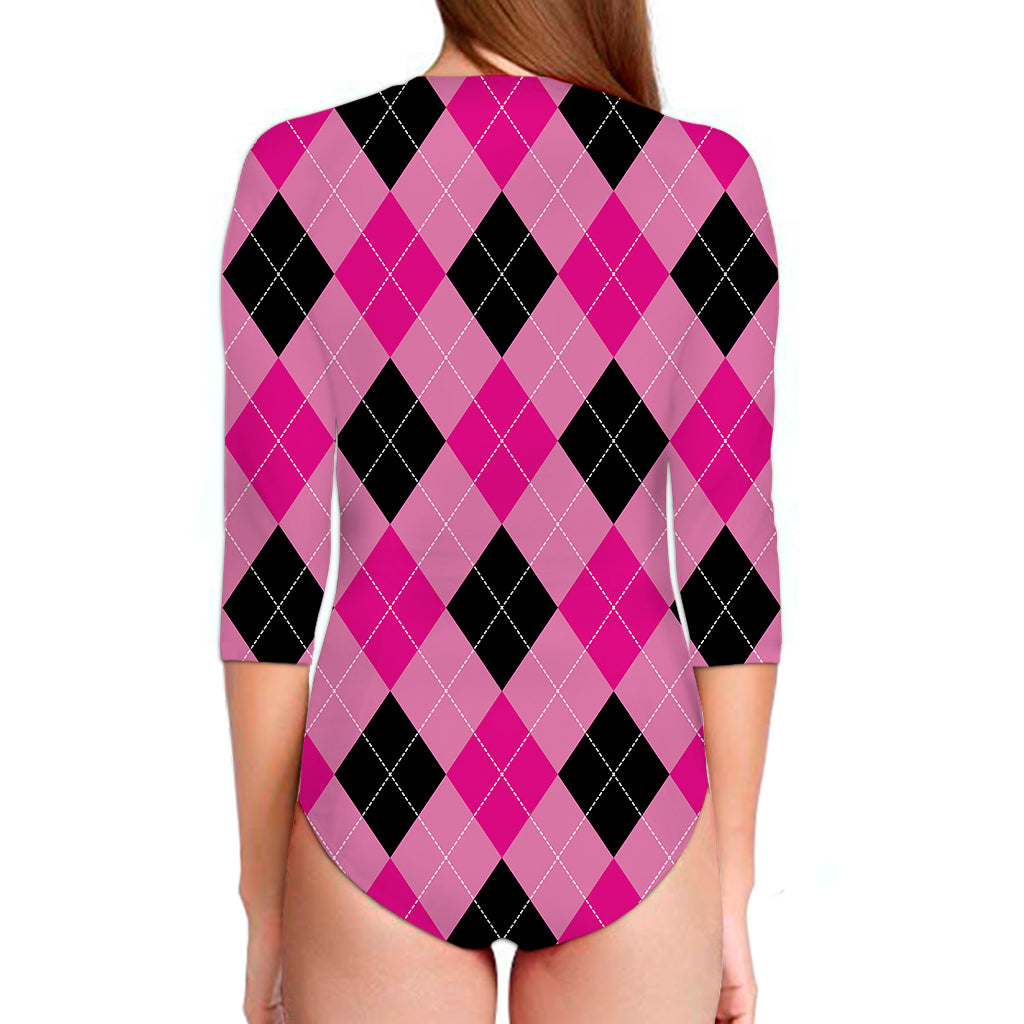 Pink And Black Argyle Pattern Print Long Sleeve Swimsuit