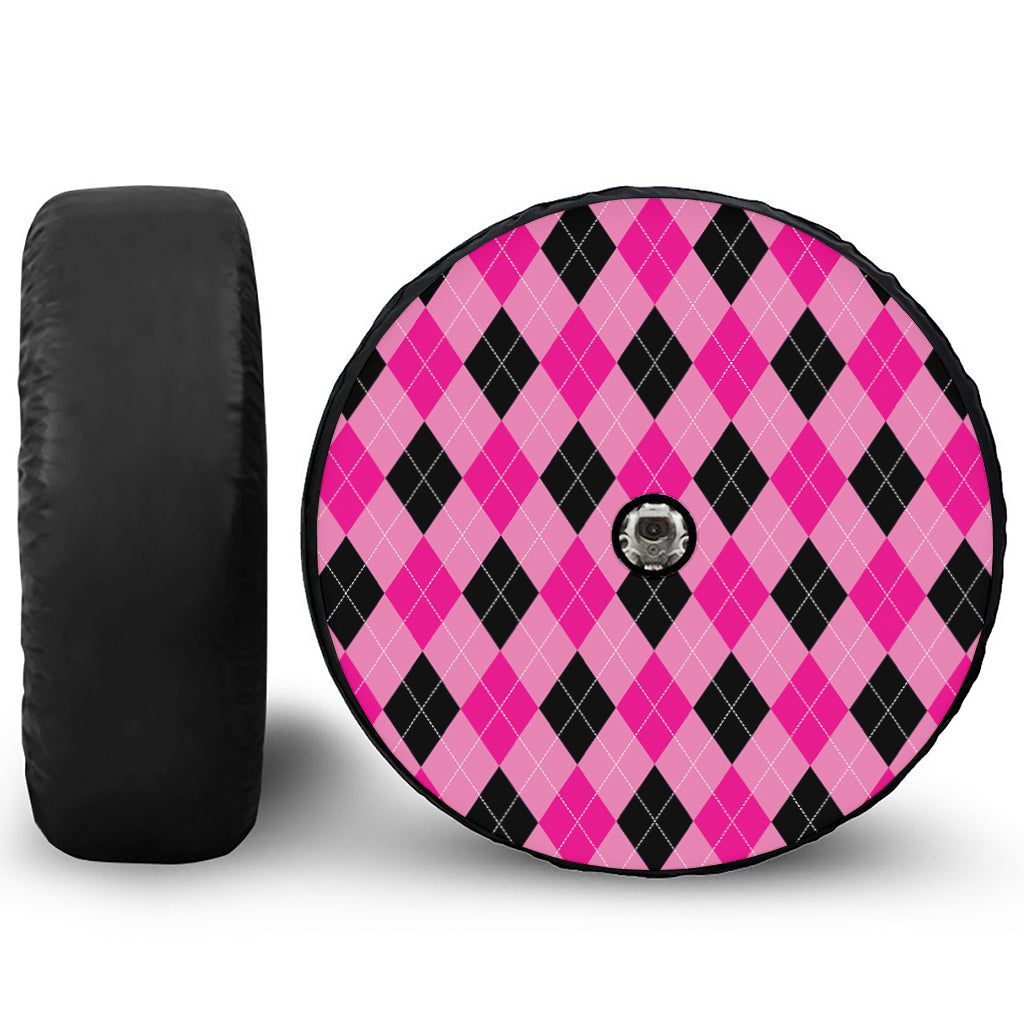 Pink And Black Argyle Pattern Print Tire Cover With Camera Hole