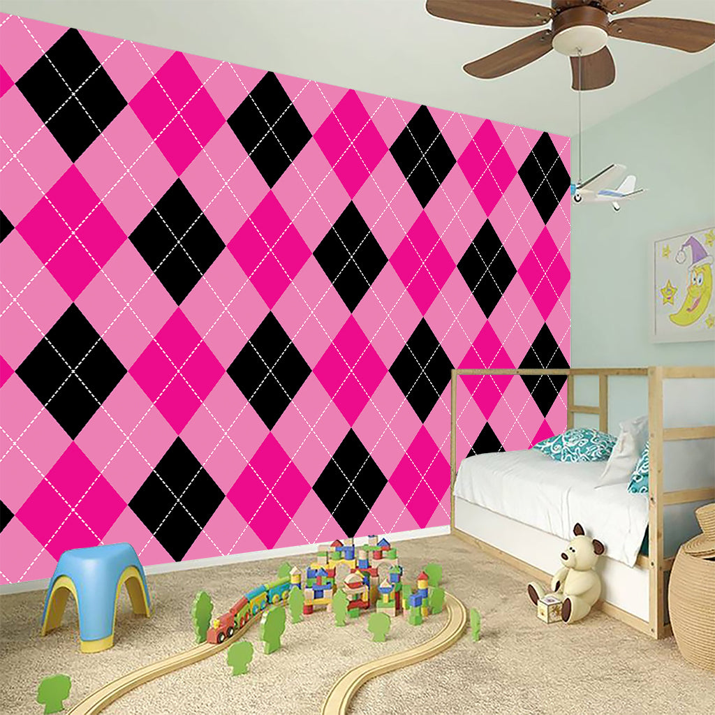 Pink And Black Argyle Pattern Print Wall Sticker