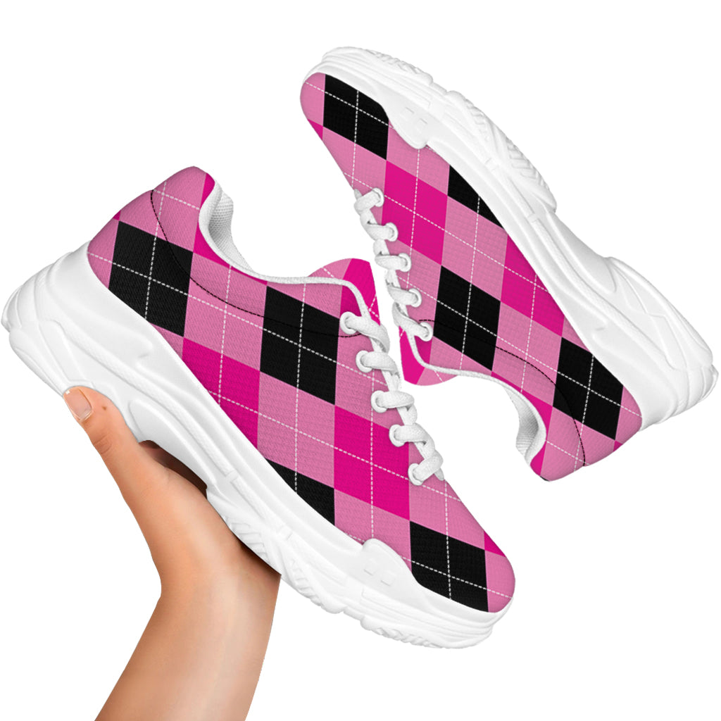 Pink And Black Argyle Pattern Print White Chunky Shoes