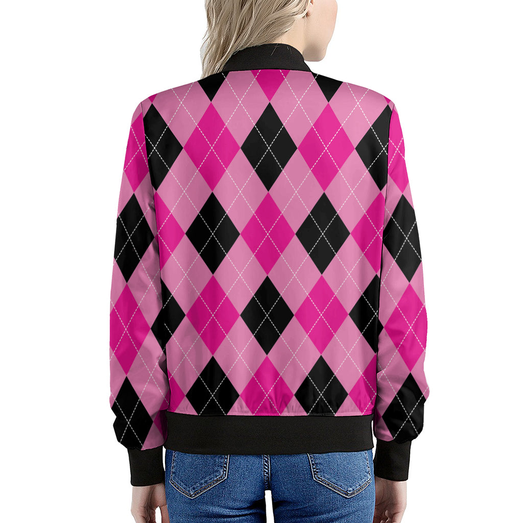 Pink And Black Argyle Pattern Print Women's Bomber Jacket