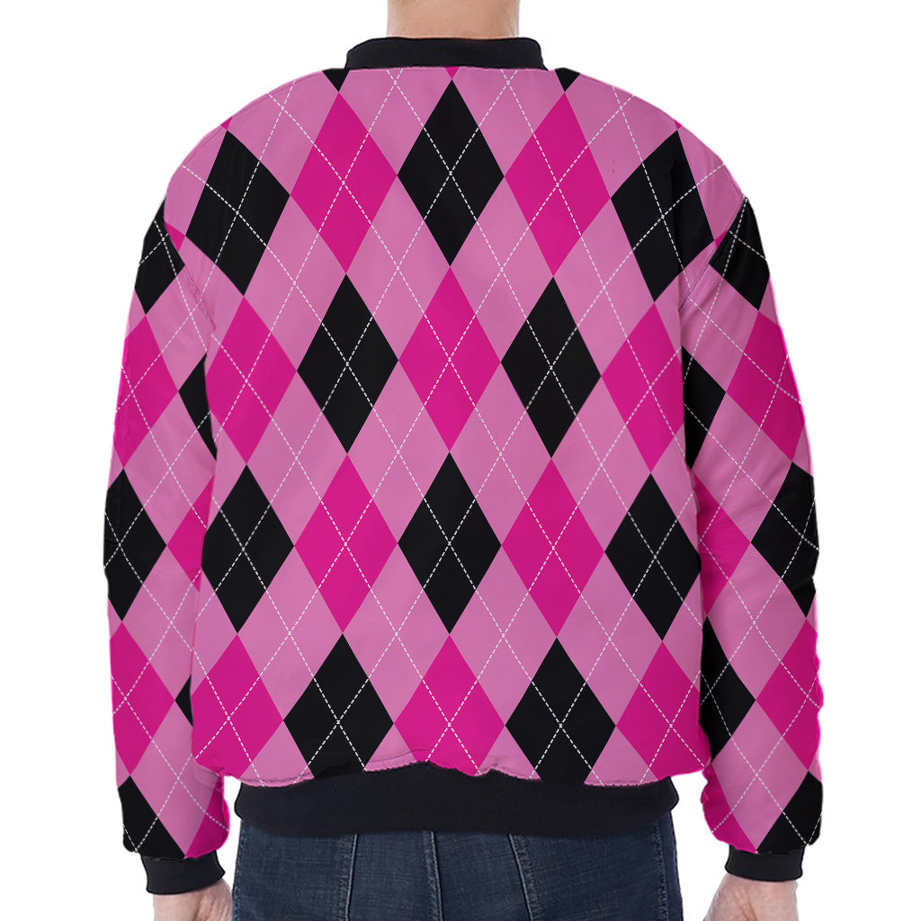 Pink And Black Argyle Pattern Print Zip Sleeve Bomber Jacket