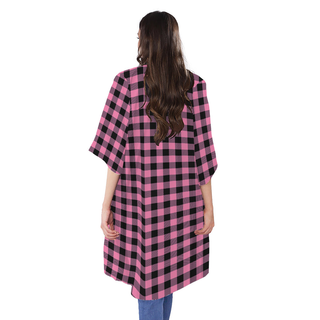 Pink And Black Buffalo Check Print Open Front Beach Cover Up
