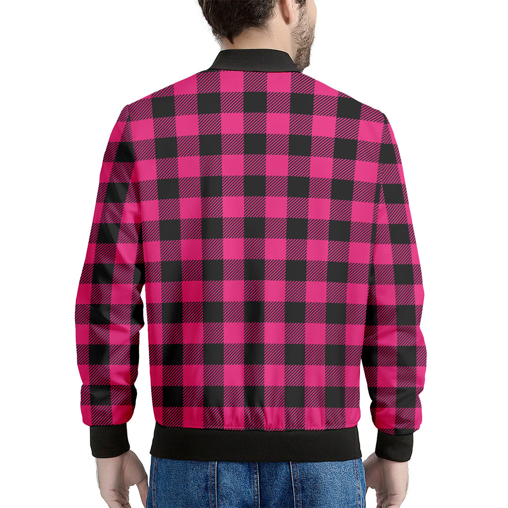 Pink And Black Buffalo Plaid Print Men's Bomber Jacket