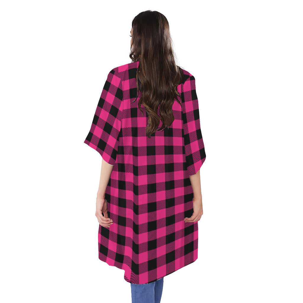 Pink And Black Buffalo Plaid Print Open Front Beach Cover Up