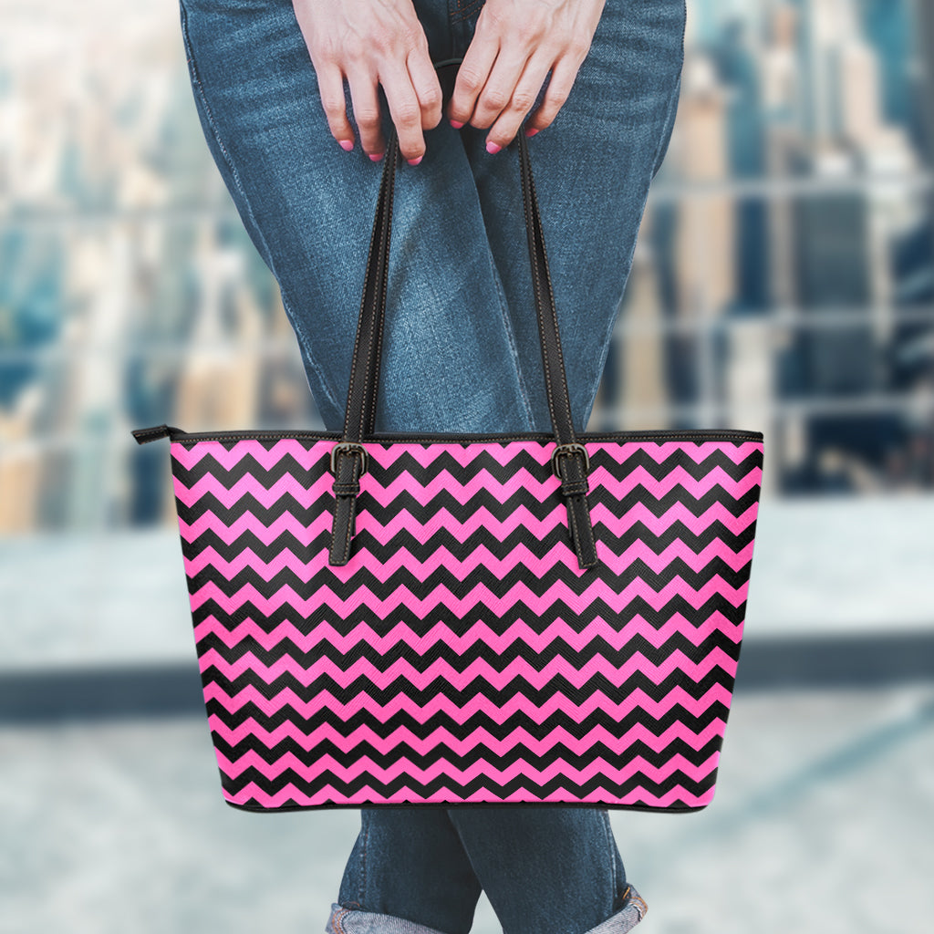 Pink And Black Chevron Pattern Print Leather Tote Bag