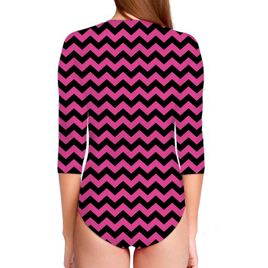 Pink And Black Chevron Pattern Print Long Sleeve Swimsuit