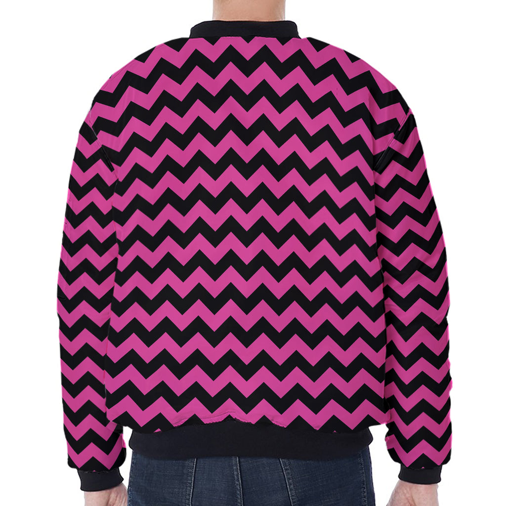 Pink And Black Chevron Pattern Print Zip Sleeve Bomber Jacket