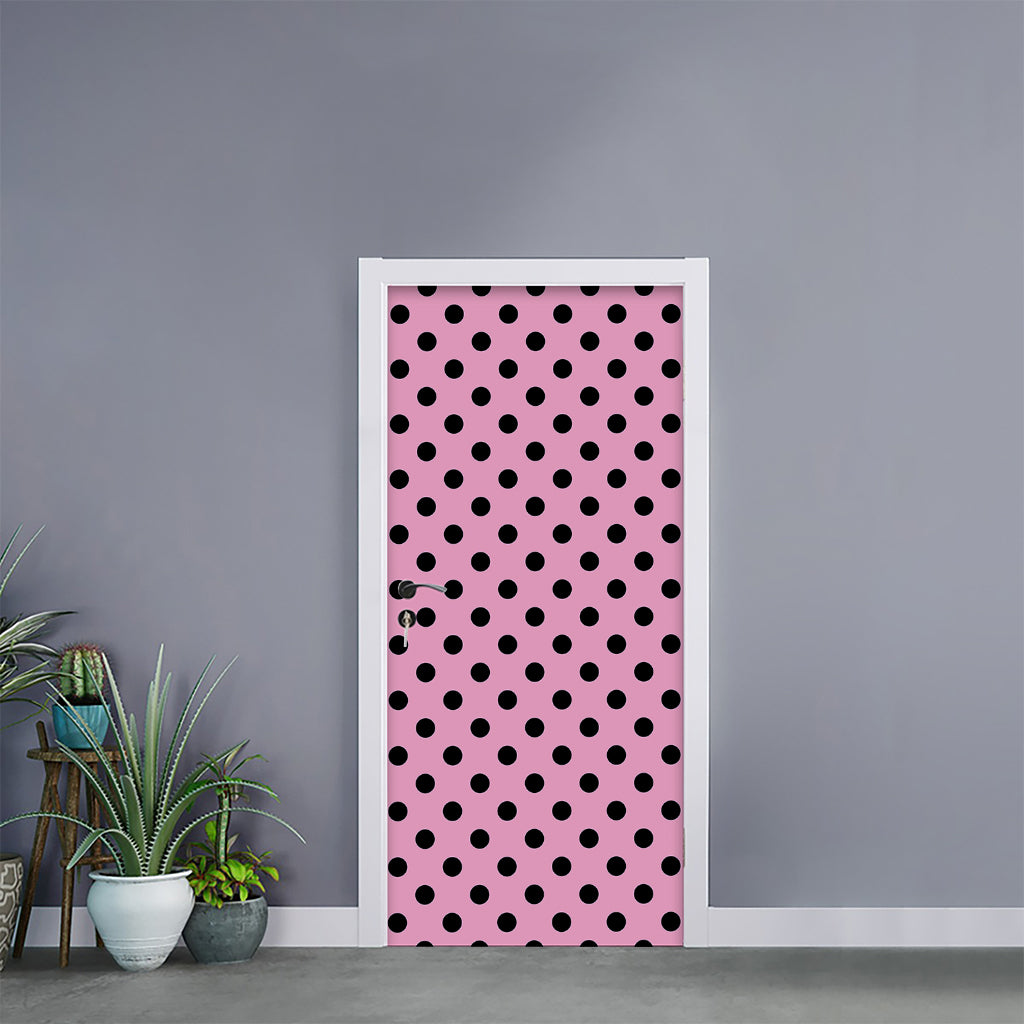 Pink And Black Polka Dot Pattern Print Door Sticker