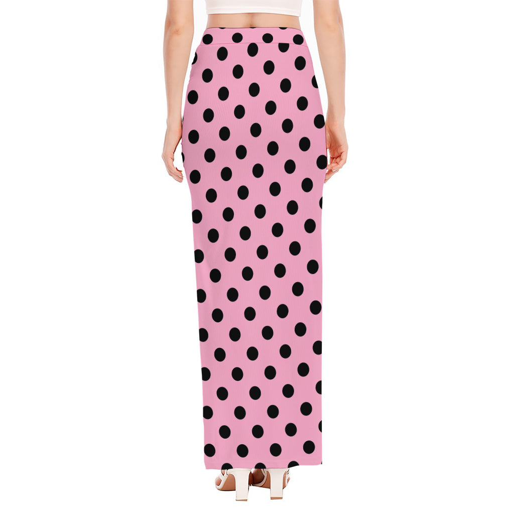 Pink And Black Polka Dot Pattern Print High Slit Maxi Skirt