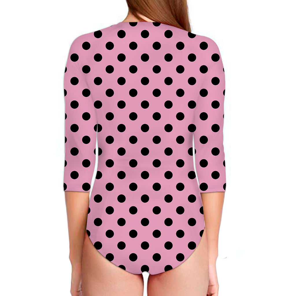 Pink And Black Polka Dot Pattern Print Long Sleeve Swimsuit