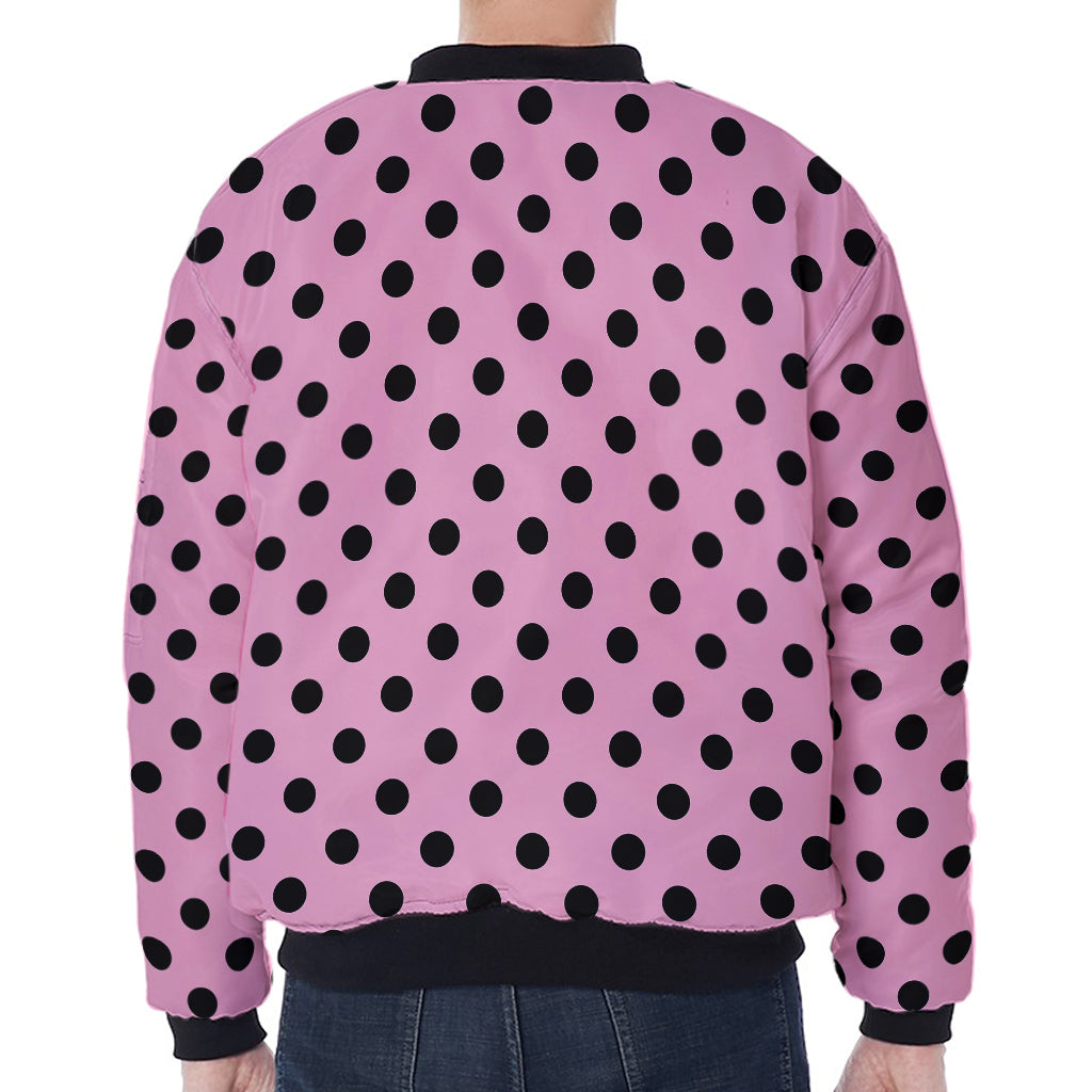 Pink And Black Polka Dot Pattern Print Zip Sleeve Bomber Jacket