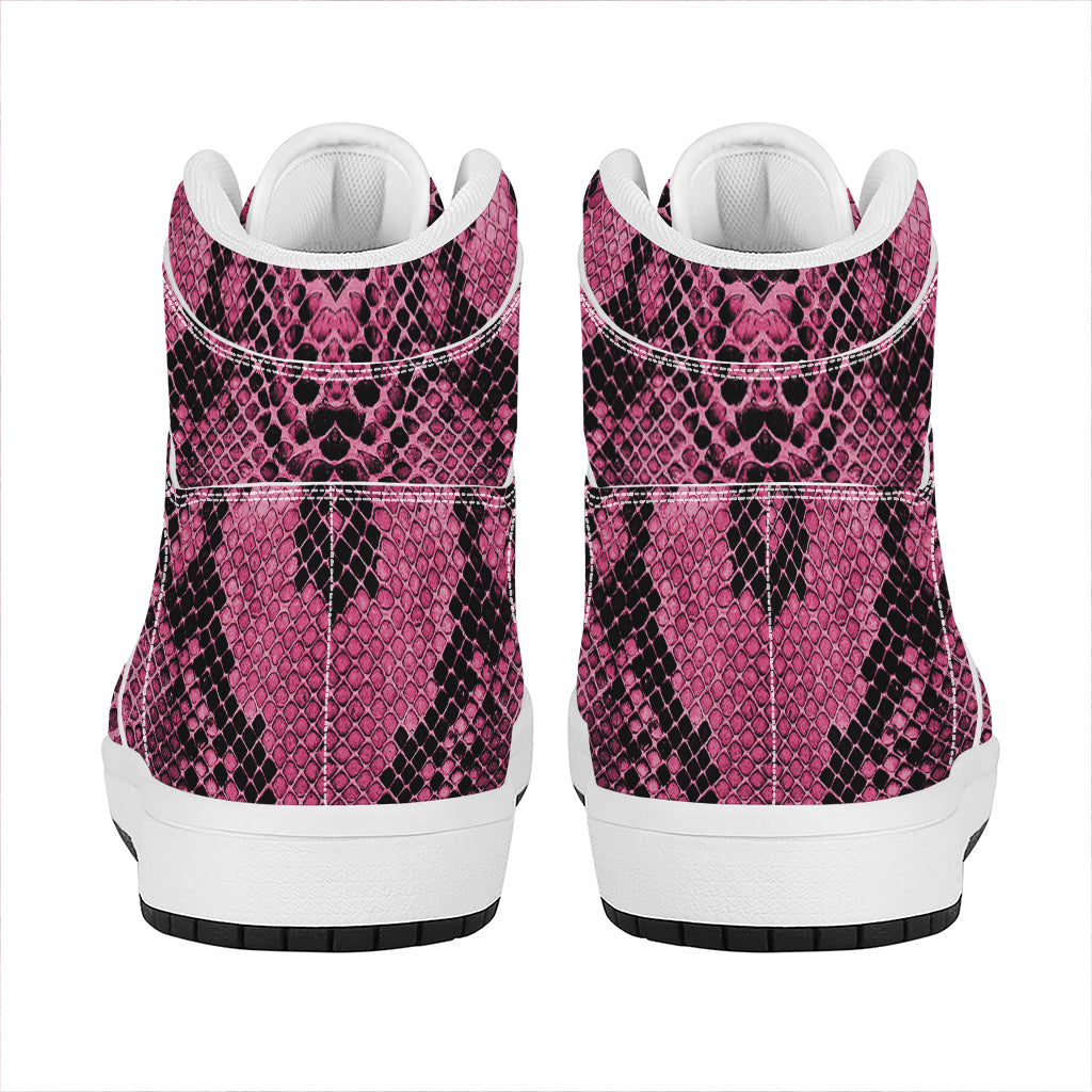 Pink And Black Snakeskin Print High Top Leather Sneakers