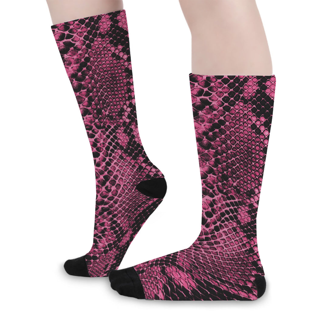 Pink And Black Snakeskin Print Long Socks