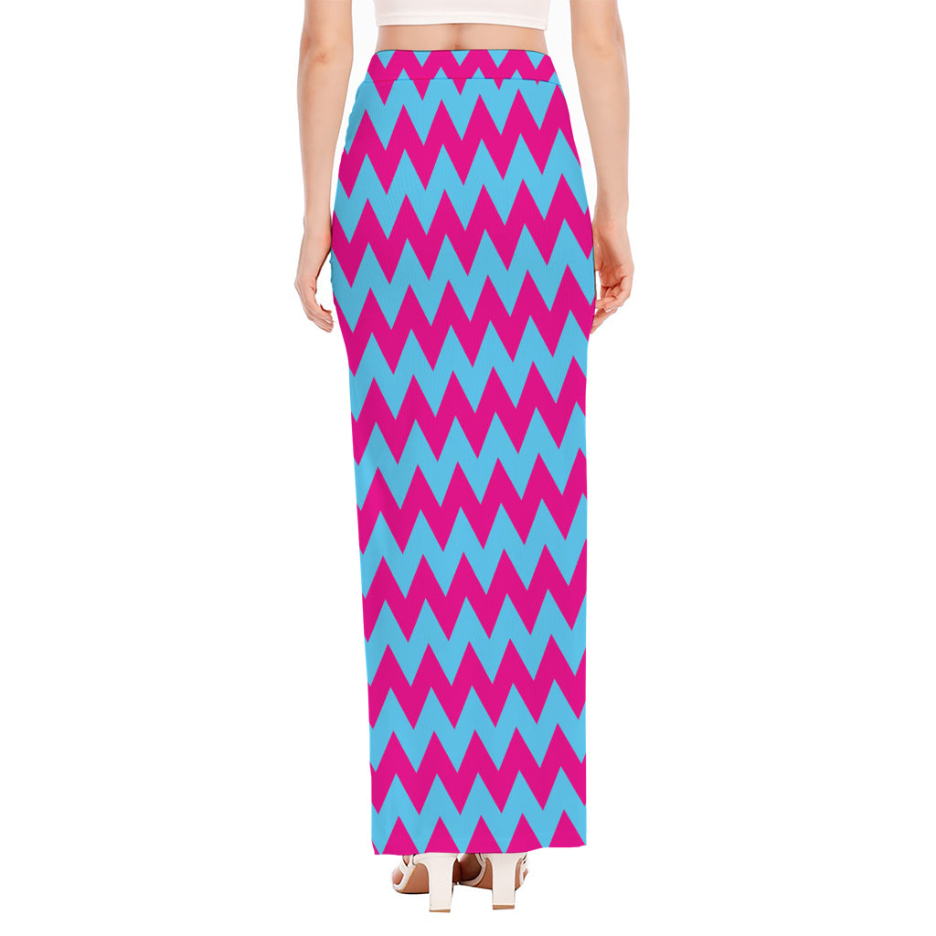 Pink And Blue Chevron Pattern Print High Slit Maxi Skirt