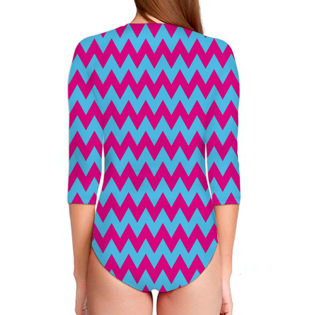 Pink And Blue Chevron Pattern Print Long Sleeve Swimsuit