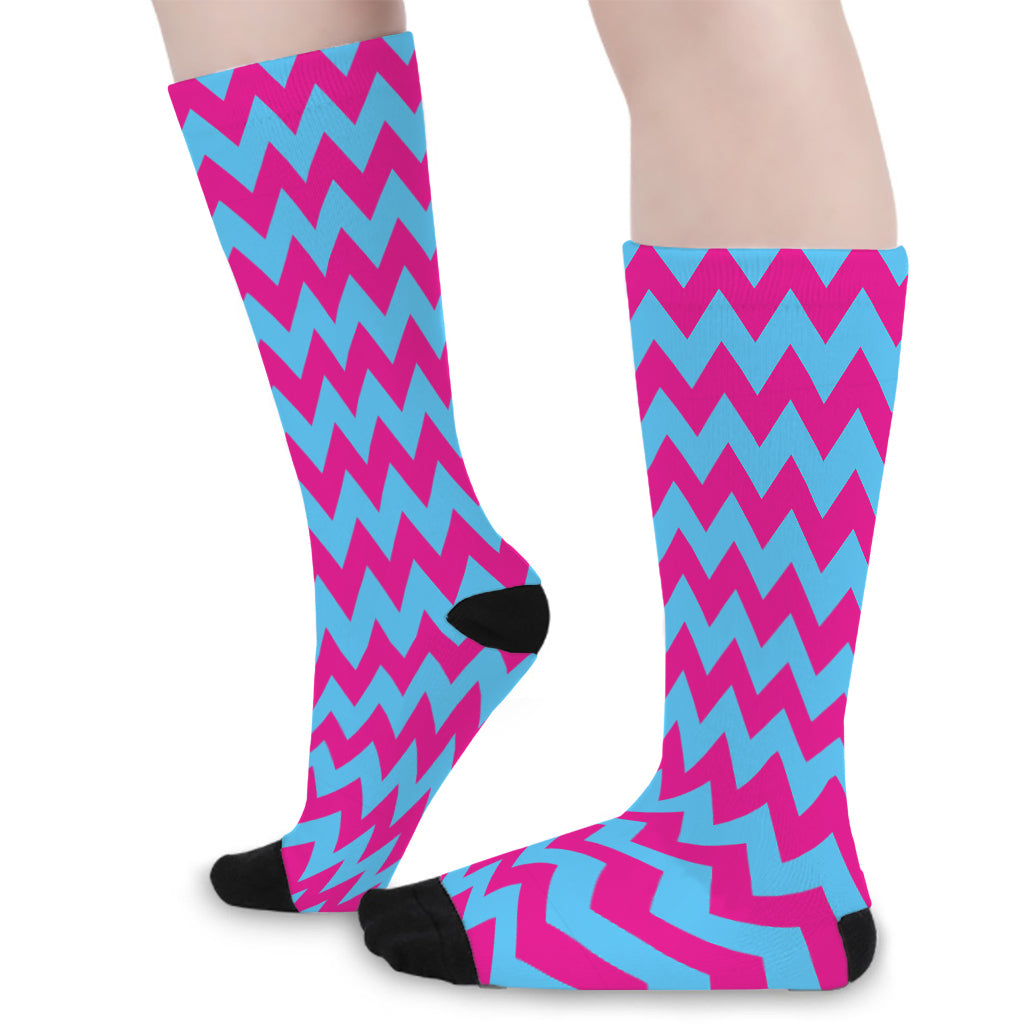 Pink And Blue Chevron Pattern Print Long Socks