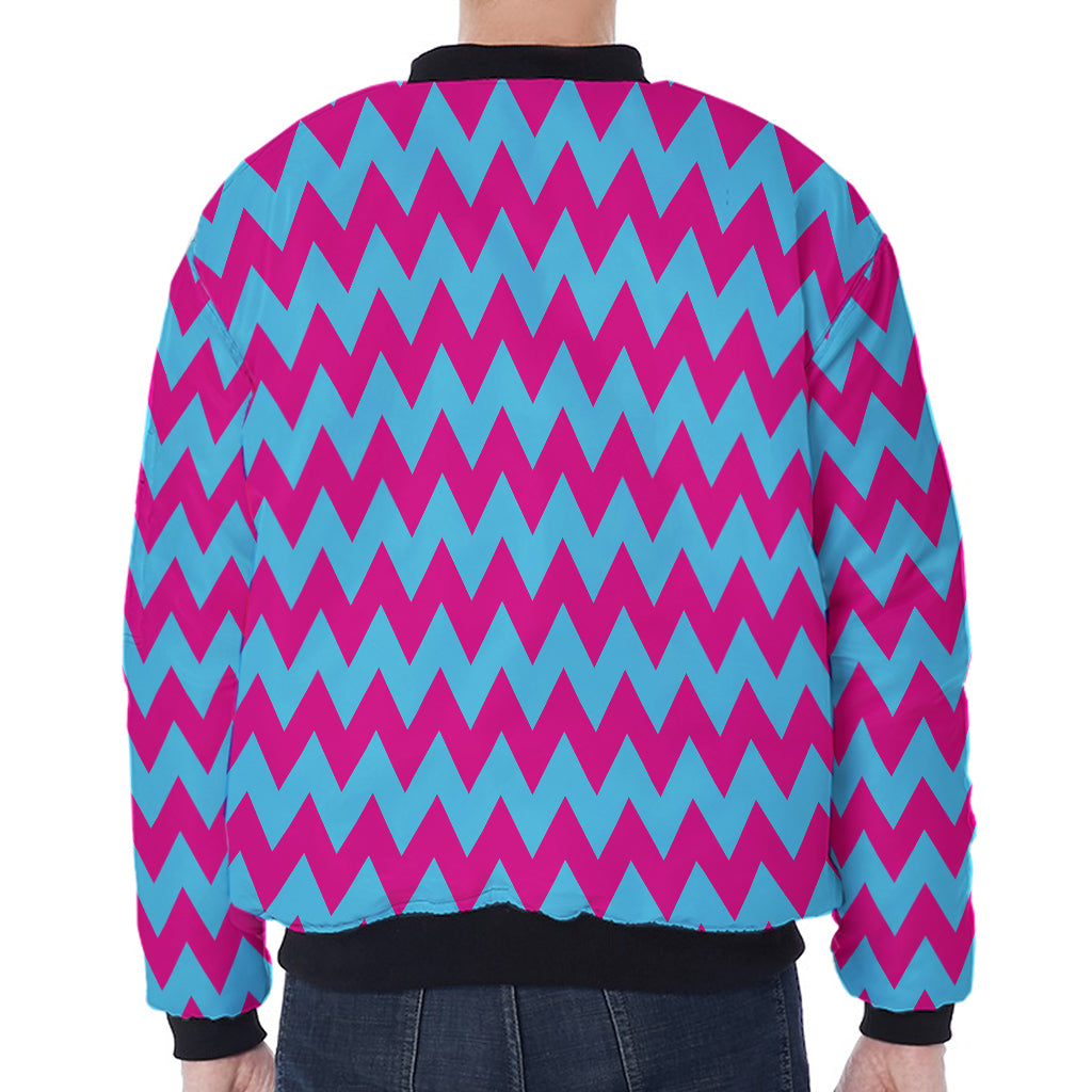 Pink And Blue Chevron Pattern Print Zip Sleeve Bomber Jacket