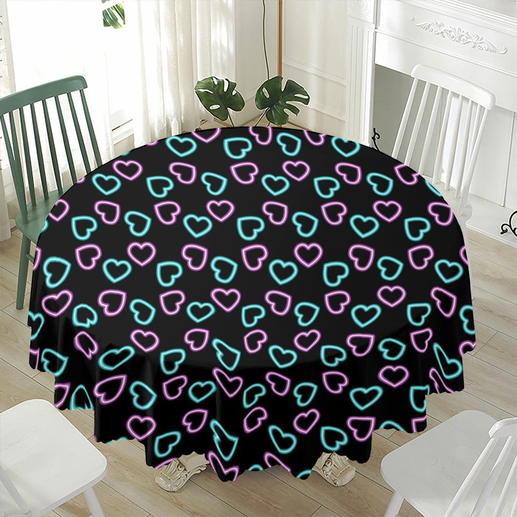 Pink And Blue Lights Heart Pattern Print Waterproof Round Tablecloth