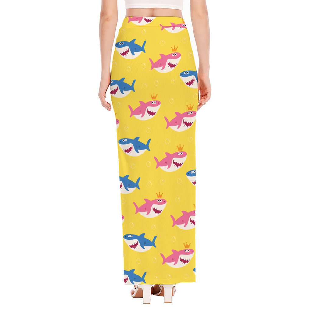 Pink And Blue Shark Pattern Print High Slit Maxi Skirt