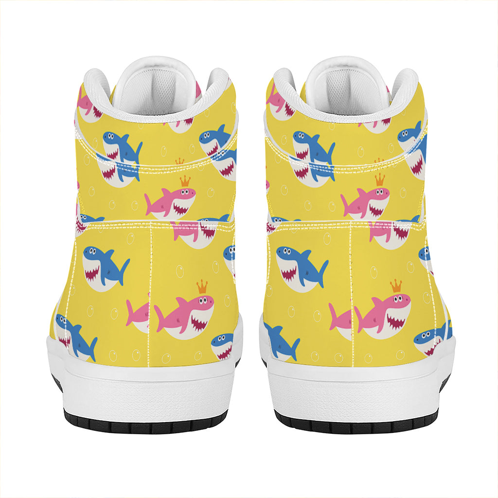 Pink And Blue Shark Pattern Print High Top Leather Sneakers