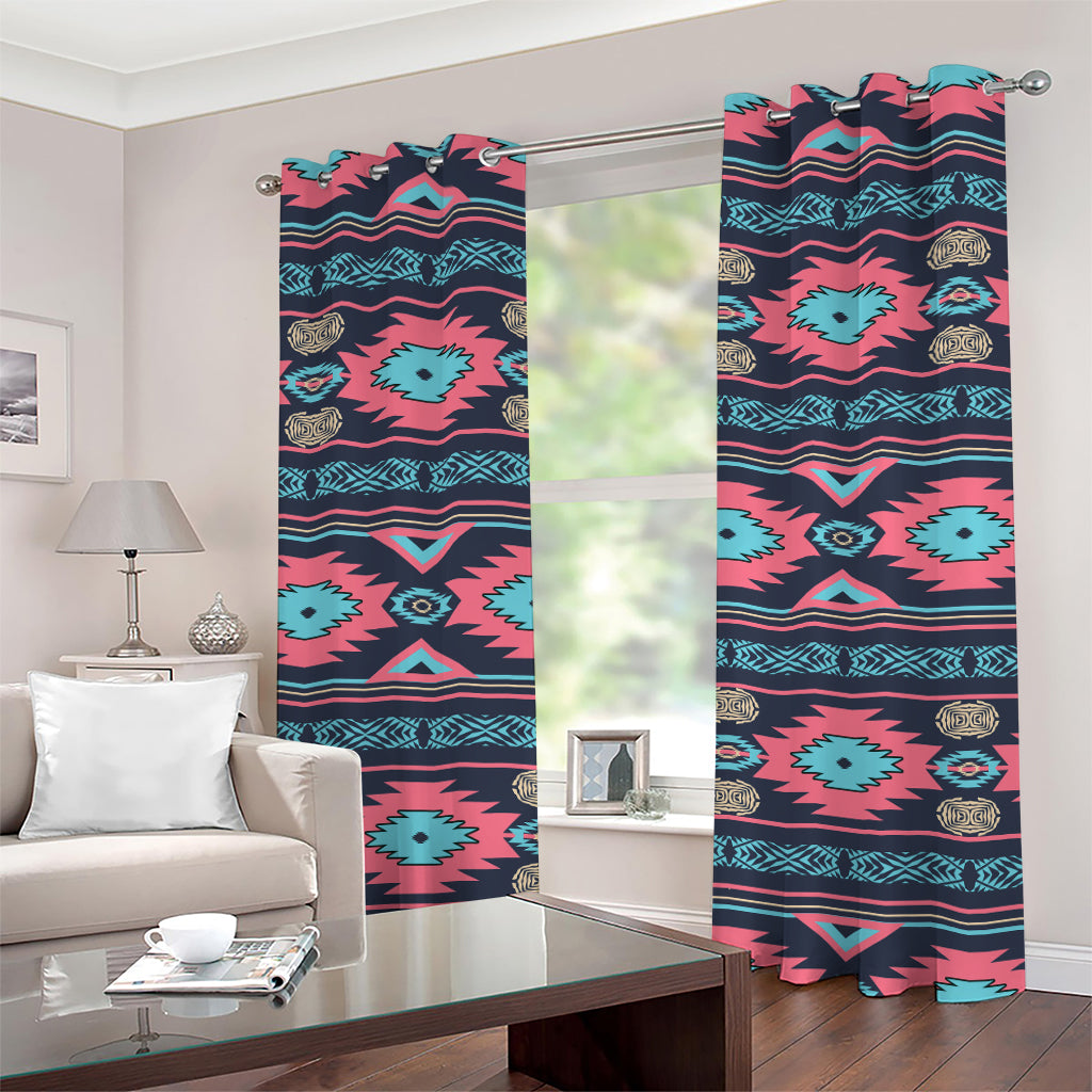 Pink And Blue Southwestern Pattern Print Grommet Curtains