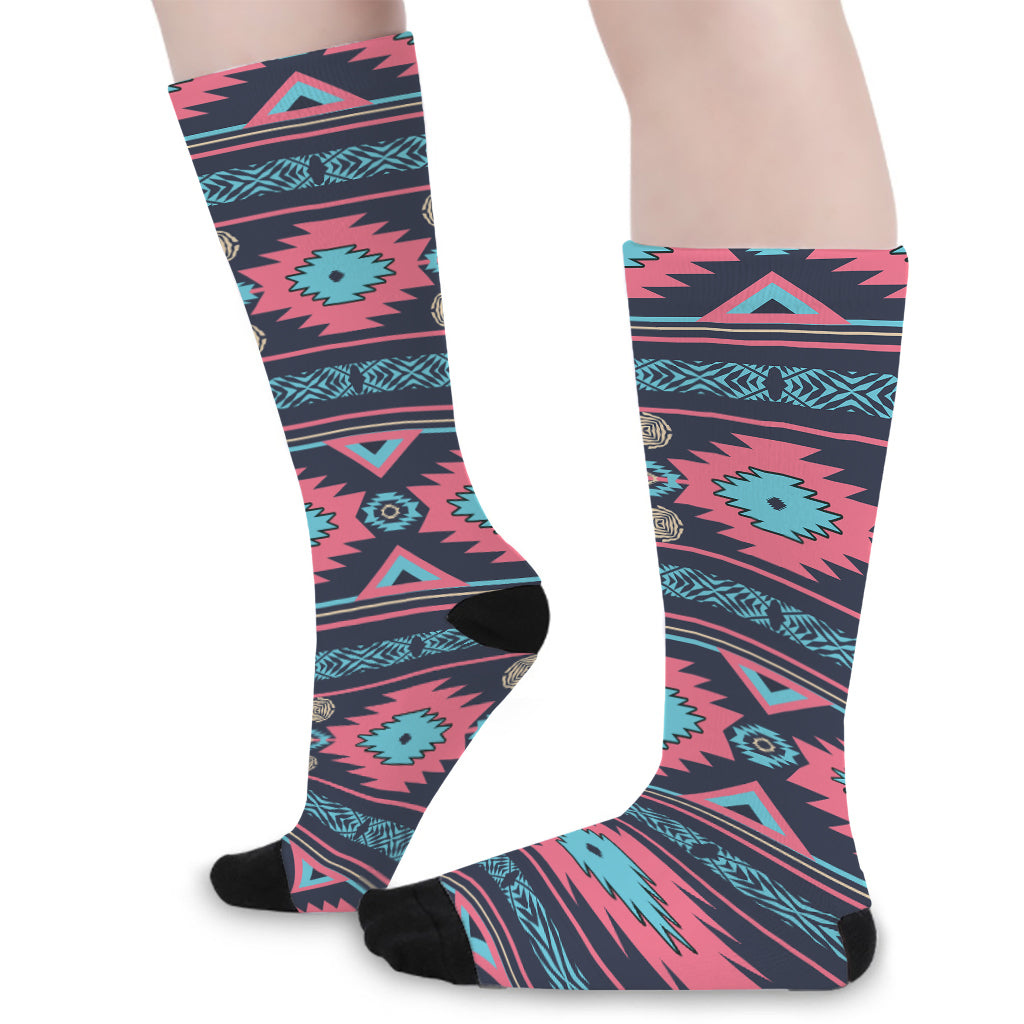 Pink And Blue Southwestern Pattern Print Long Socks