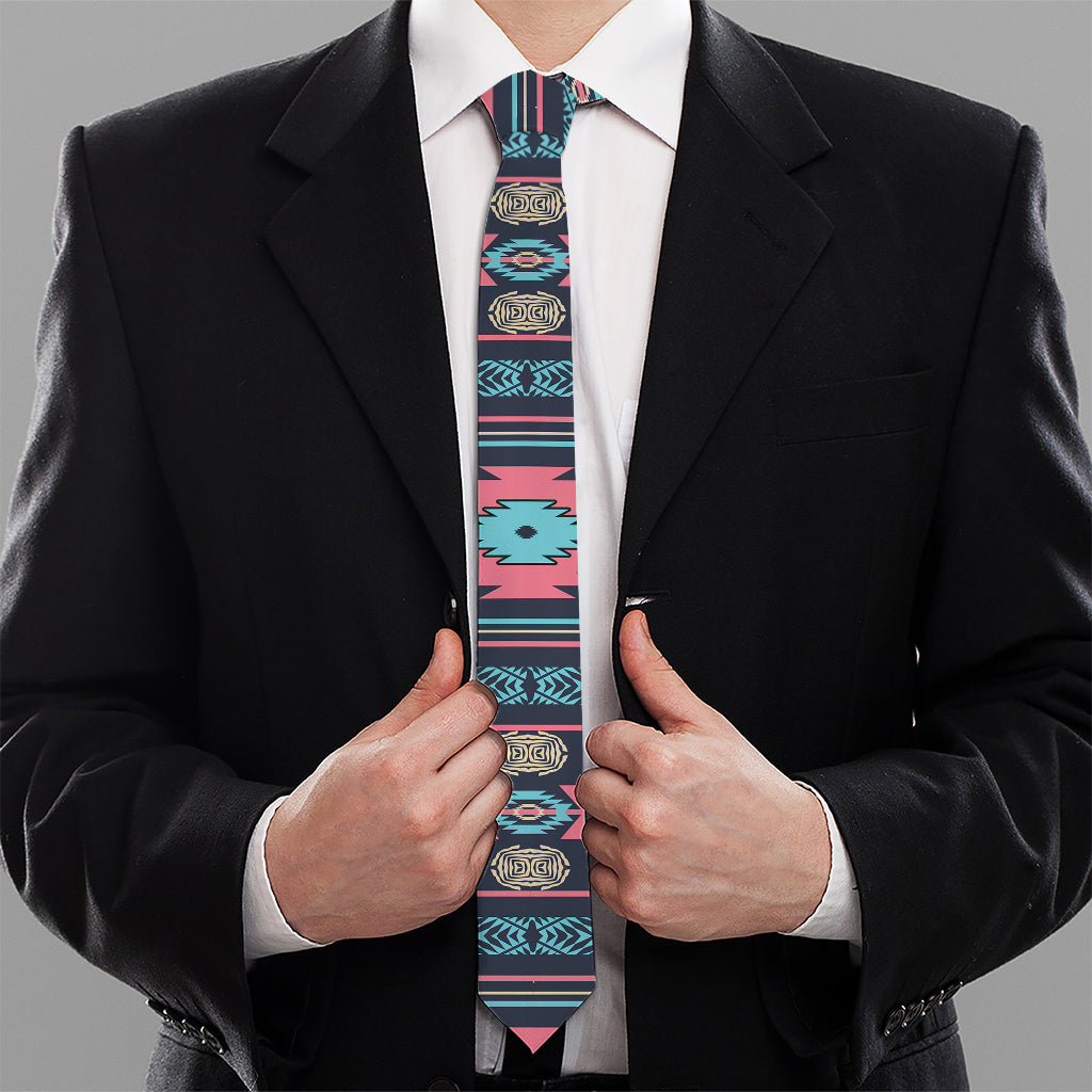 Pink And Blue Southwestern Pattern Print Necktie