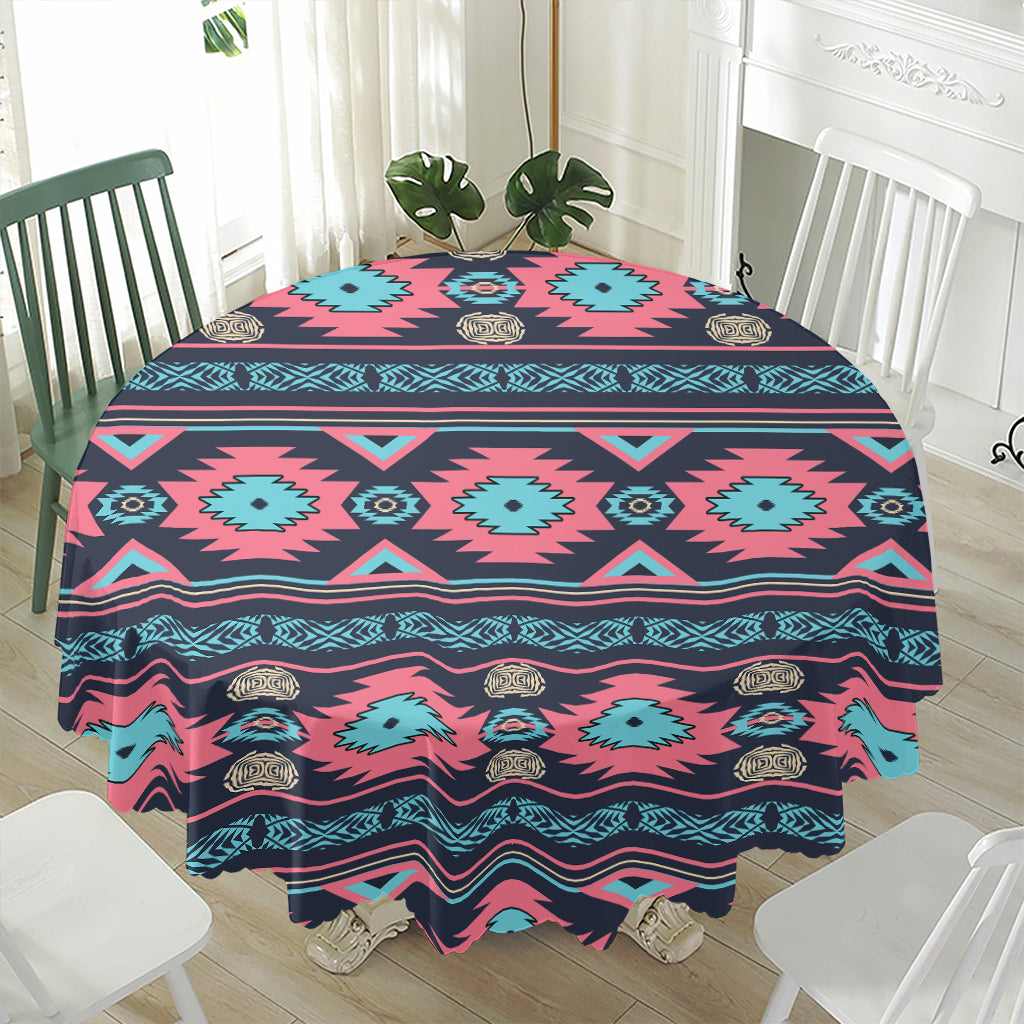 Pink And Blue Southwestern Pattern Print Waterproof Round Tablecloth