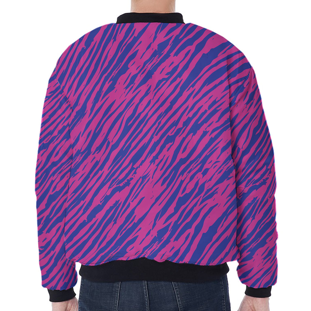 Pink And Blue Zebra Stripes Print Zip Sleeve Bomber Jacket
