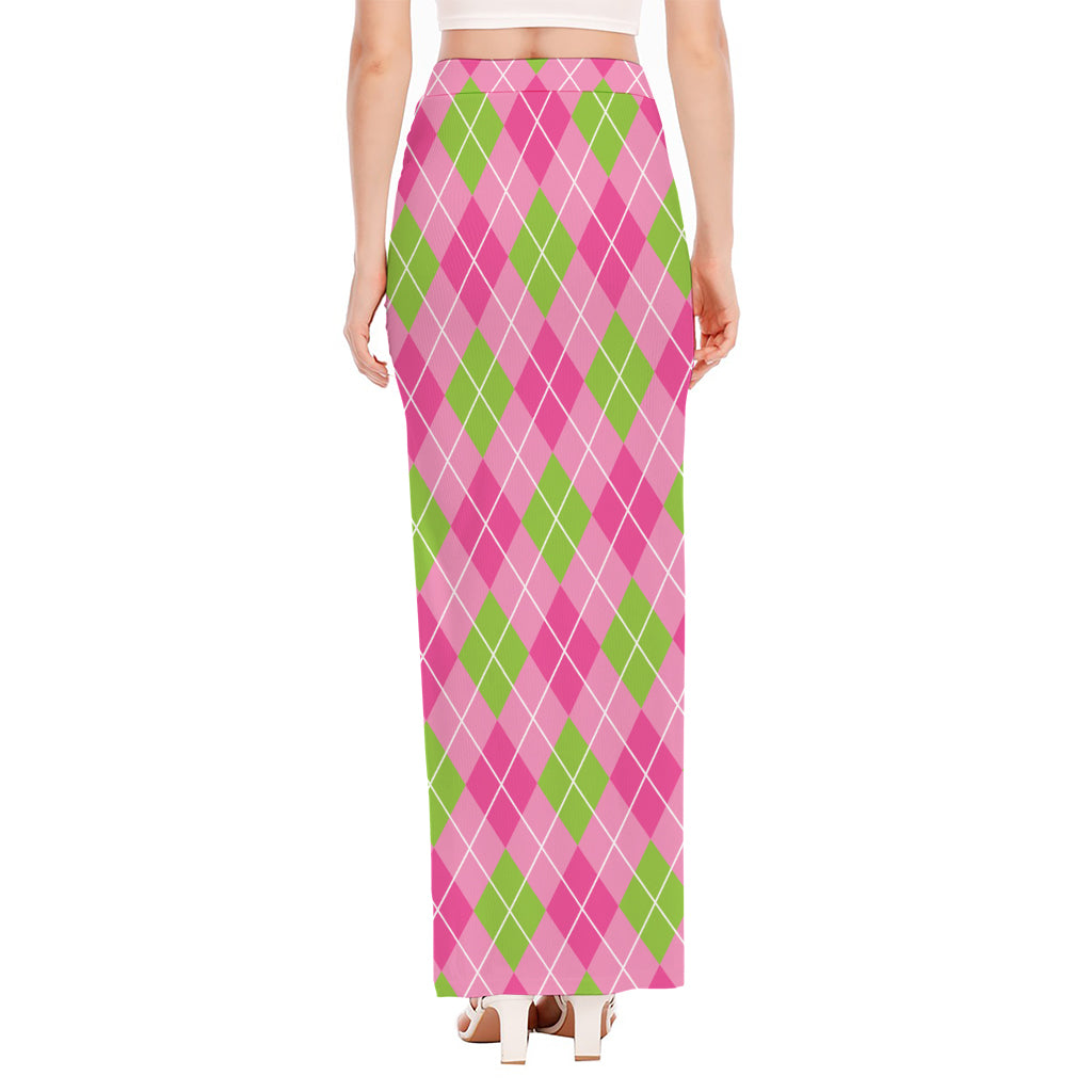 Pink And Green Argyle Pattern Print High Slit Maxi Skirt