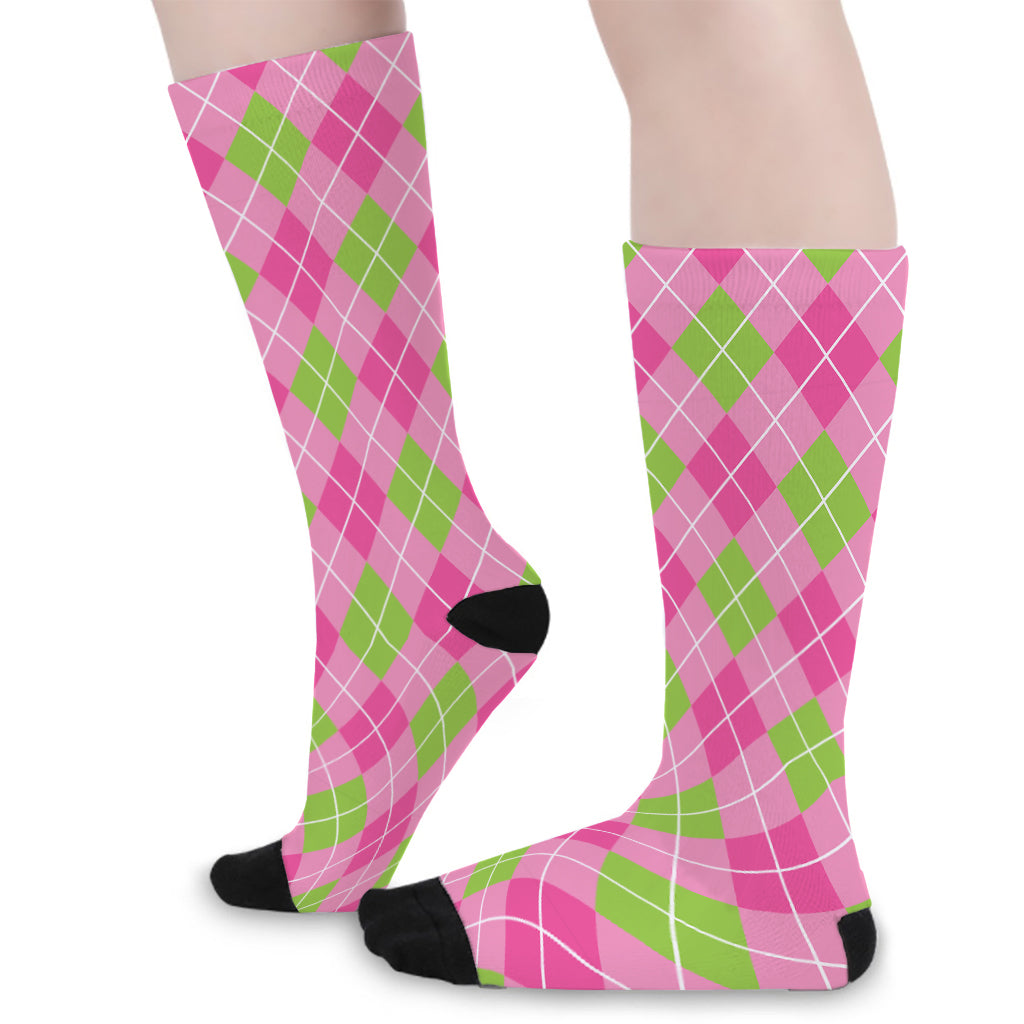 Pink And Green Argyle Pattern Print Long Socks