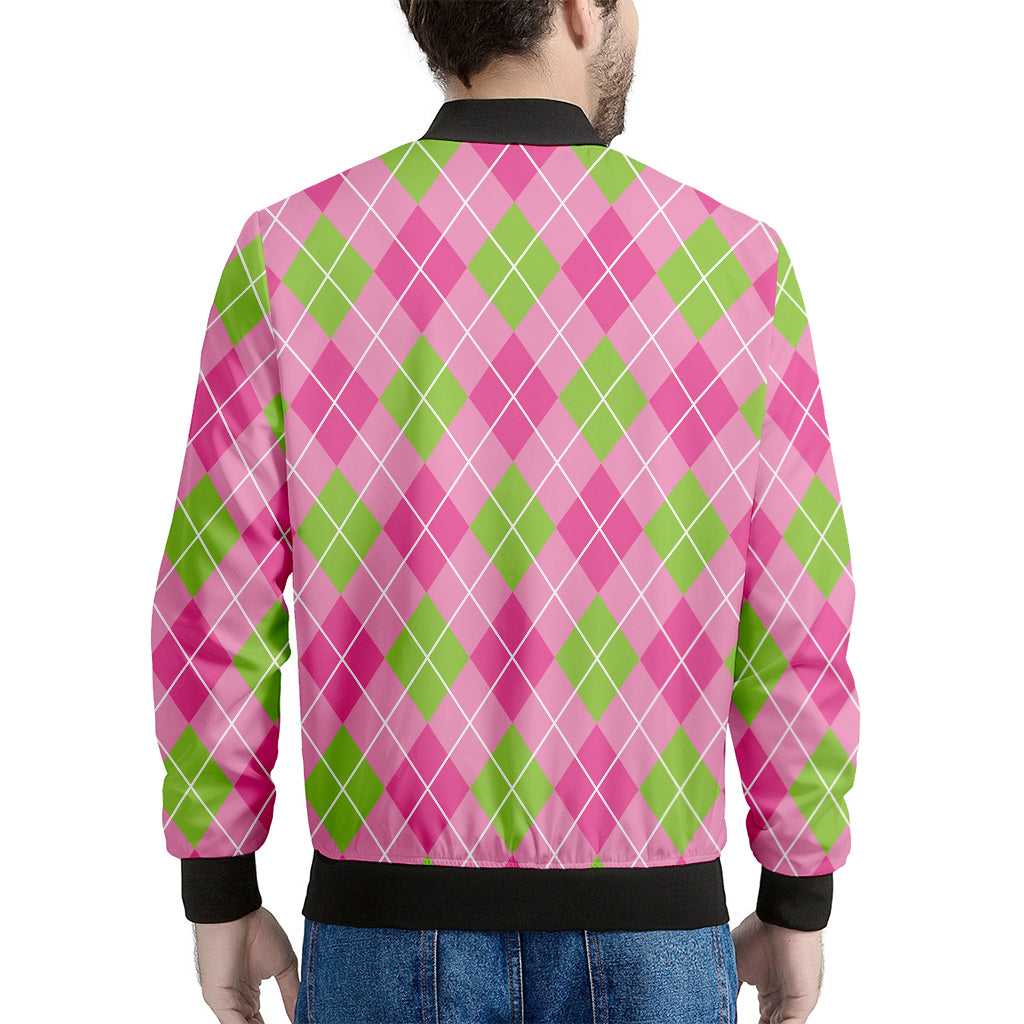 Pink And Green Argyle Pattern Print Men's Bomber Jacket
