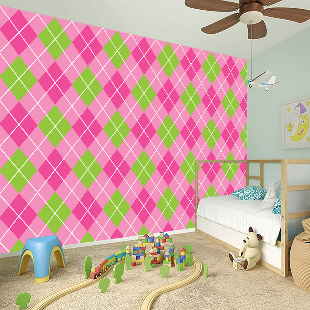 Pink And Green Argyle Pattern Print Wall Sticker