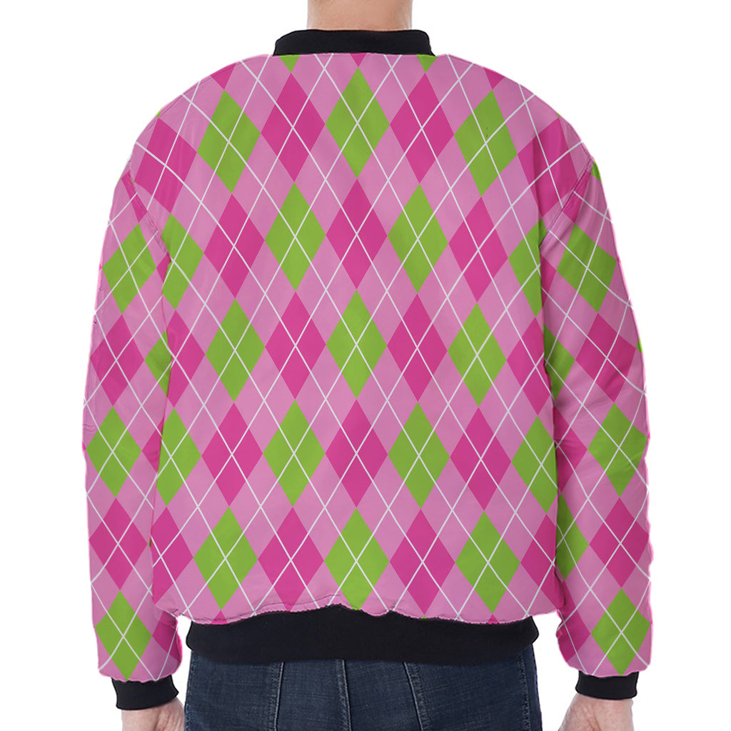 Pink And Green Argyle Pattern Print Zip Sleeve Bomber Jacket