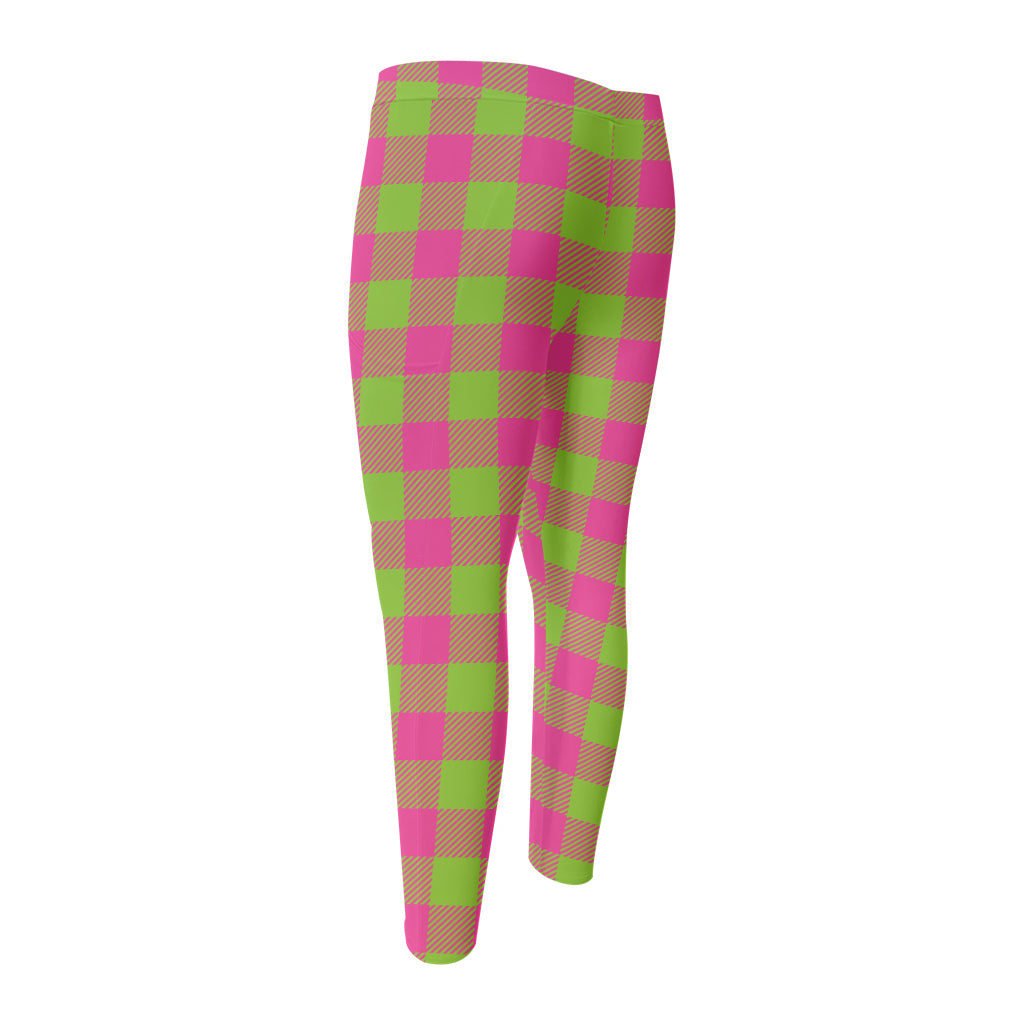 Pink And Green Buffalo Plaid Print Men's Compression Pants