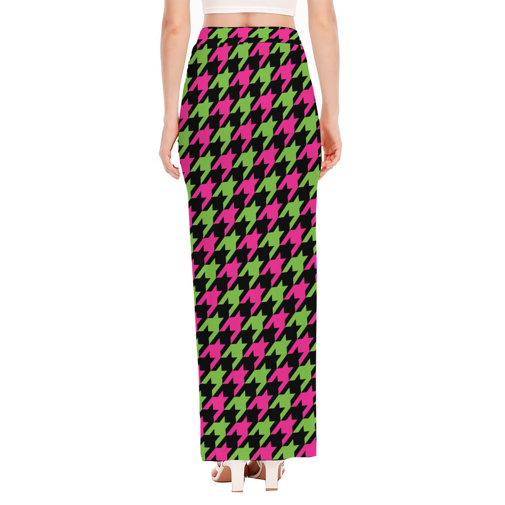 Pink And Green Houndstooth Pattern Print High Slit Maxi Skirt